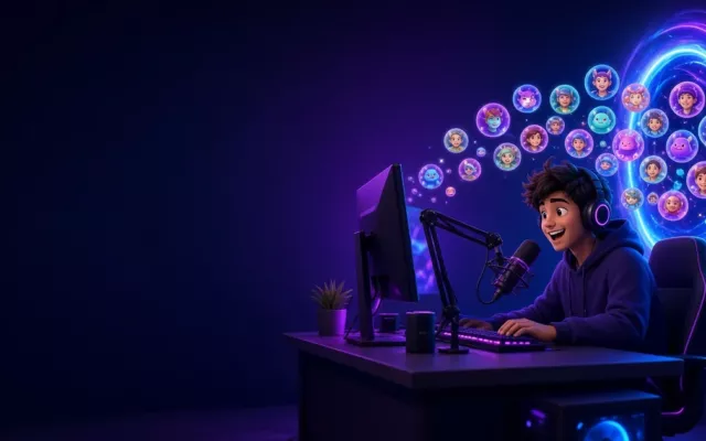 A streamer at a gaming desk smiling as a crowd of viewer avatars arrives through a glowing portal, showing an incoming Twitch raid