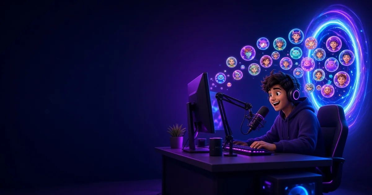 A streamer at a gaming desk smiling as a crowd of viewer avatars arrives through a glowing portal, showing an incoming Twitch raid