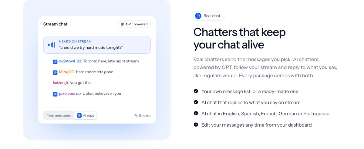 RaidPop stream chat preview with GPT powered AI chatters replying to what the streamer says