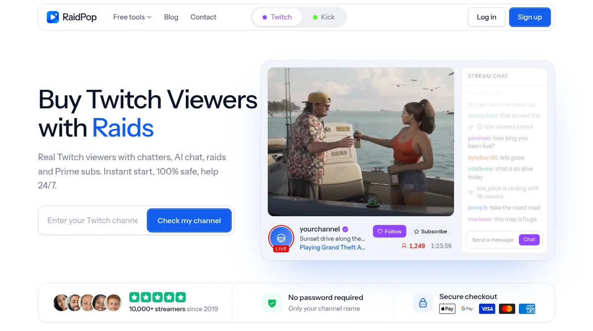 RaidPop homepage with the headline Buy Twitch Viewers with Raids and a Check my channel button