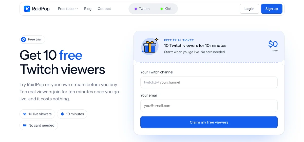 RaidPop free trial page offering 10 Twitch viewers for 10 minutes with no card needed