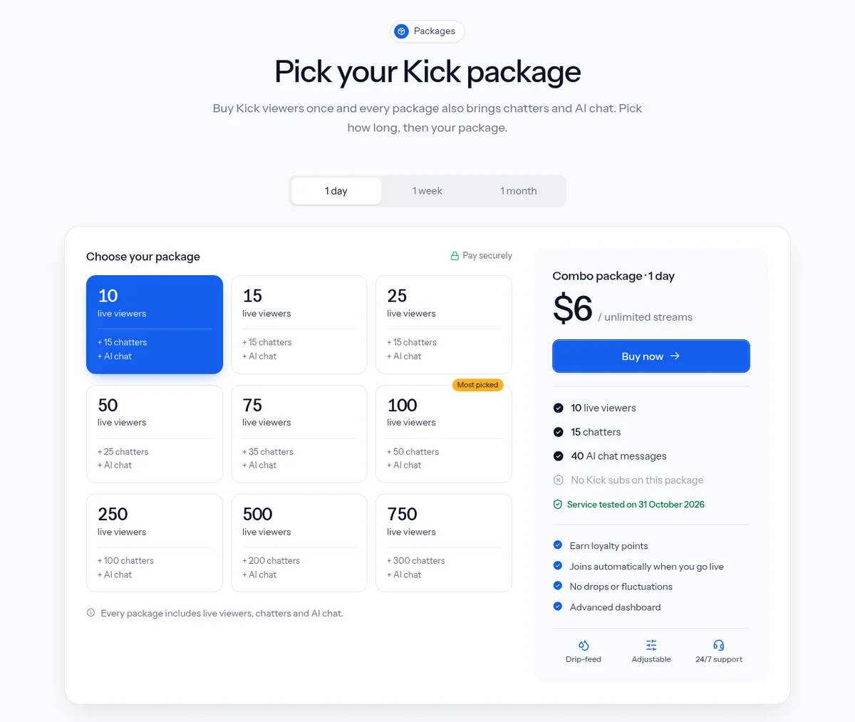 RaidPop Kick package picker showing viewer options from 10 to 750 and a 10 viewer 1 day package for $6