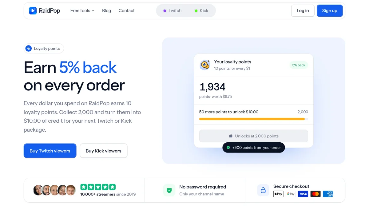 RaidPop loyalty points page showing 5 percent back on every order as credit