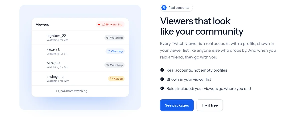 RaidPop real accounts section showing a Twitch viewer list with watching, chatting and raided labels