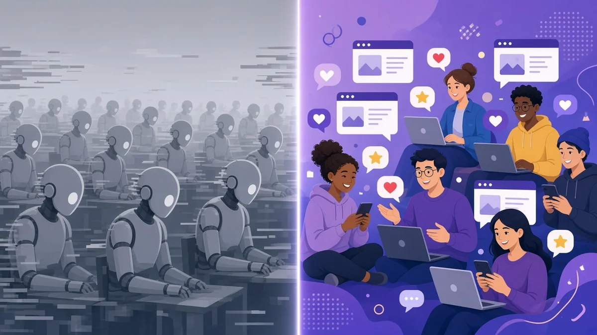 Split illustration with grey faceless robots on one side and real people using laptops and phones with open browser windows on the other