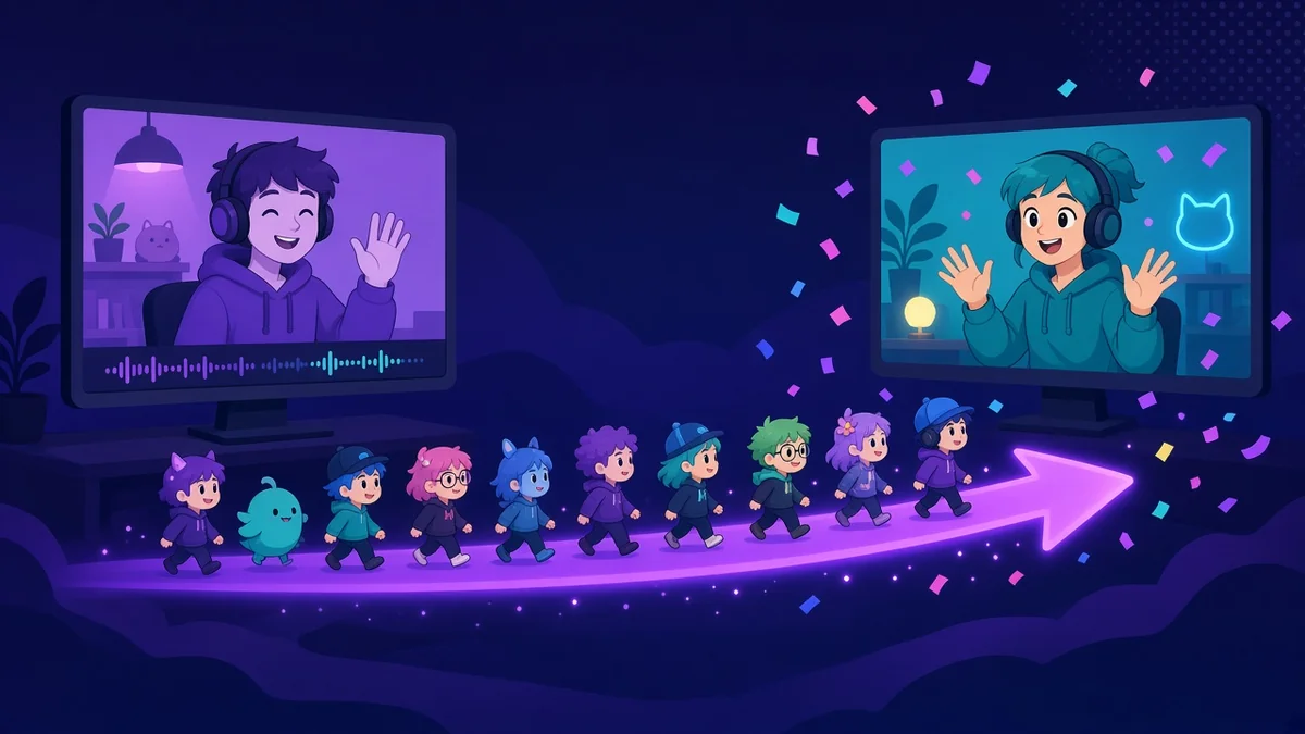 Viewer avatars walking along a glowing arrow from one streamer's screen to another streamer who welcomes them with confetti